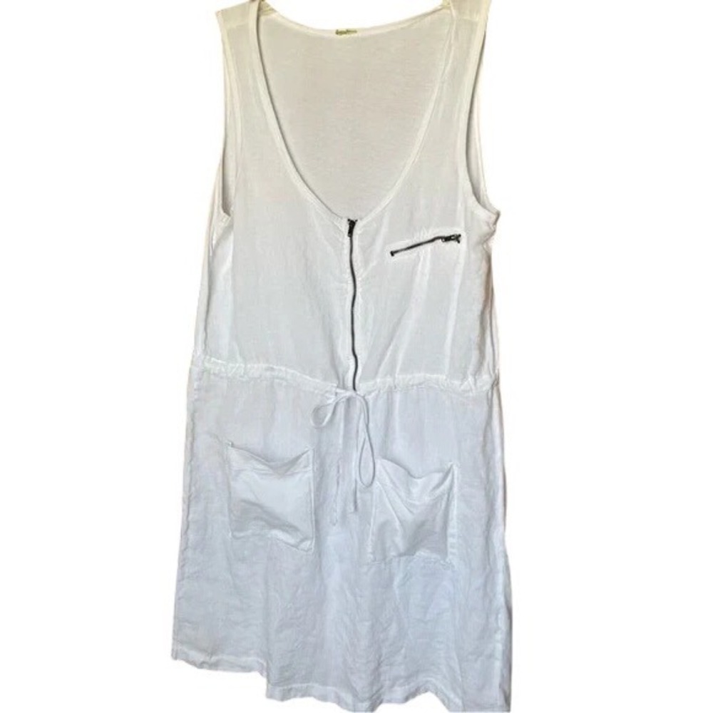 White Sleeveless‎ Zip Up Linen Dress